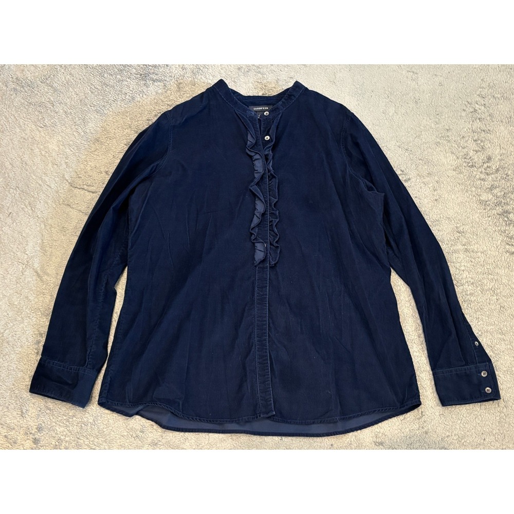Lands End Shirt Womens Large Blue Corduroy Ruffle Front Long Sleeve Top Blouse